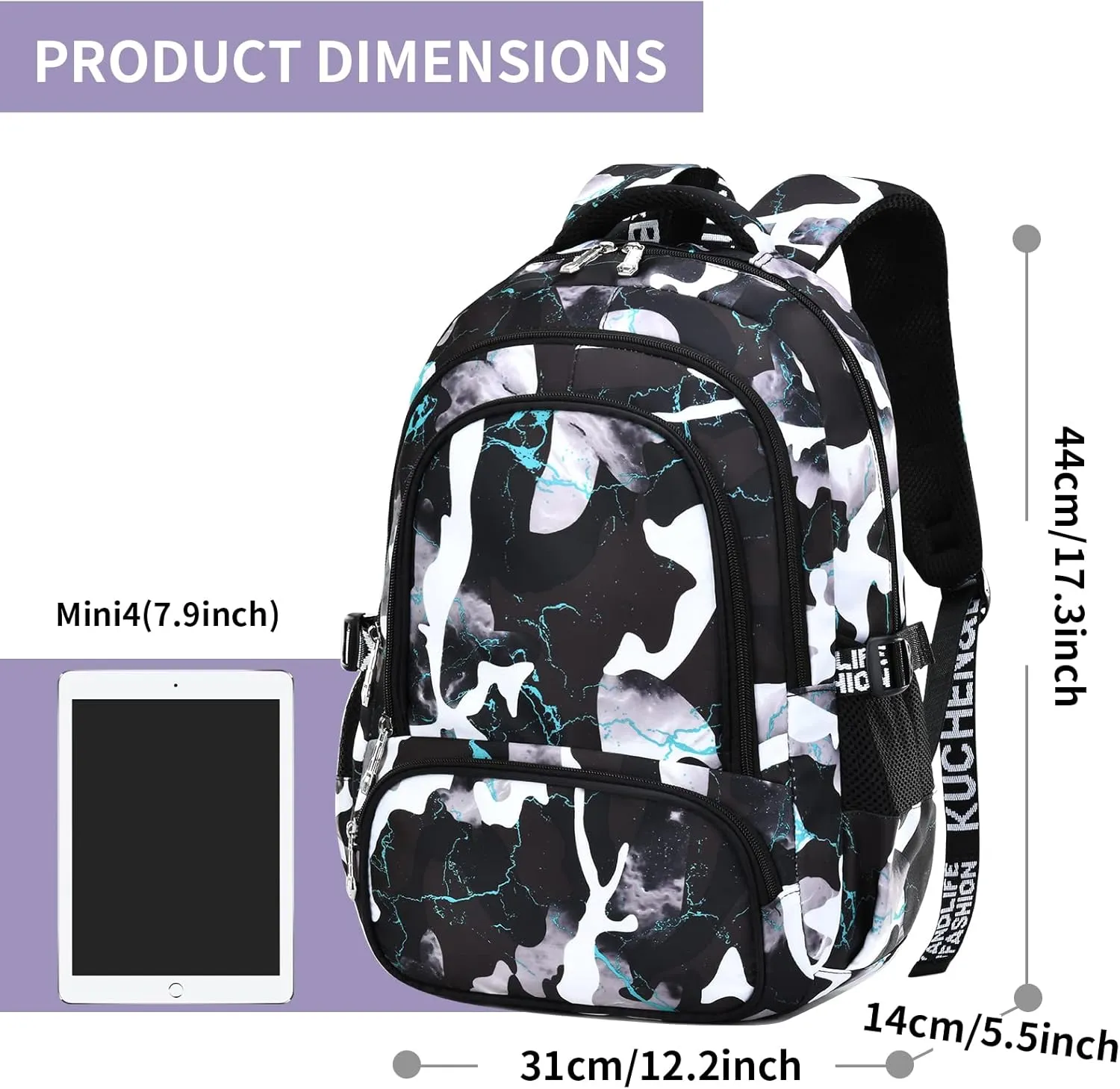 Camo Backpack for Kids, Lightweight Camo Backpack Elementary Middle School Backpack Water Repellent Bookbag (Camo Black Green 2 in 1)