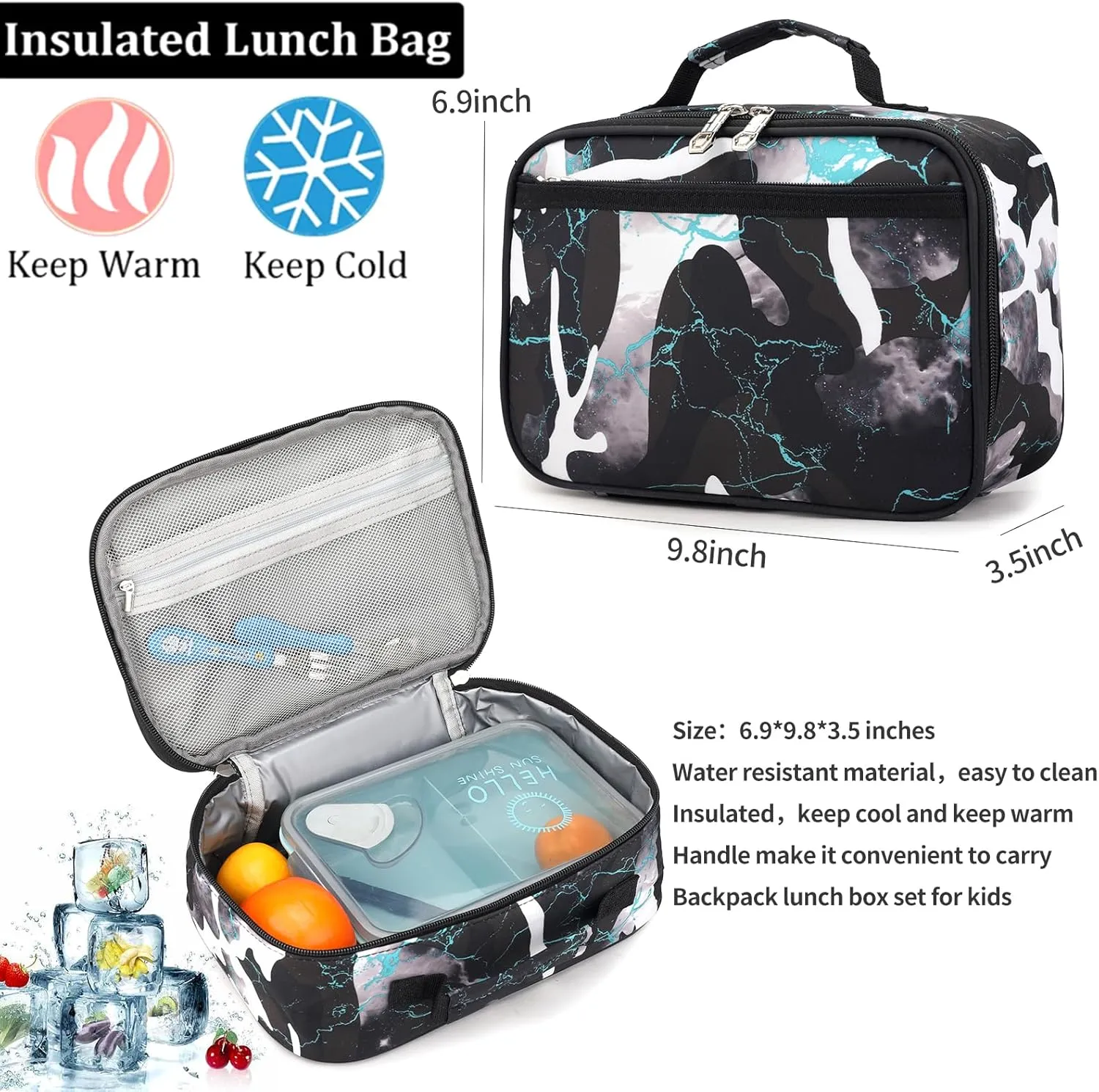 Camo Backpack for Kids, Lightweight Camo Backpack Elementary Middle School Backpack Water Repellent Bookbag (Camo Black Green 2 in 1)