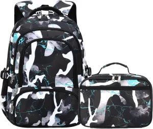 Camo Backpack for Kids, Lightweight Camo Backpack Elementary Middle School Backpack Water Repellent Bookbag (Camo Black Green 2 in 1)