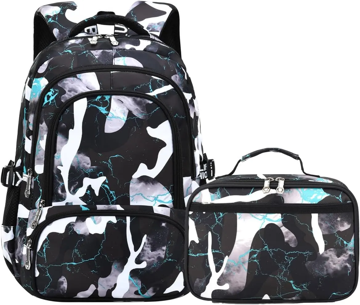 Camo Backpack for Kids, Lightweight Camo Backpack Elementary Middle School Backpack Water Repellent Bookbag (Camo Black Green 2 in 1)