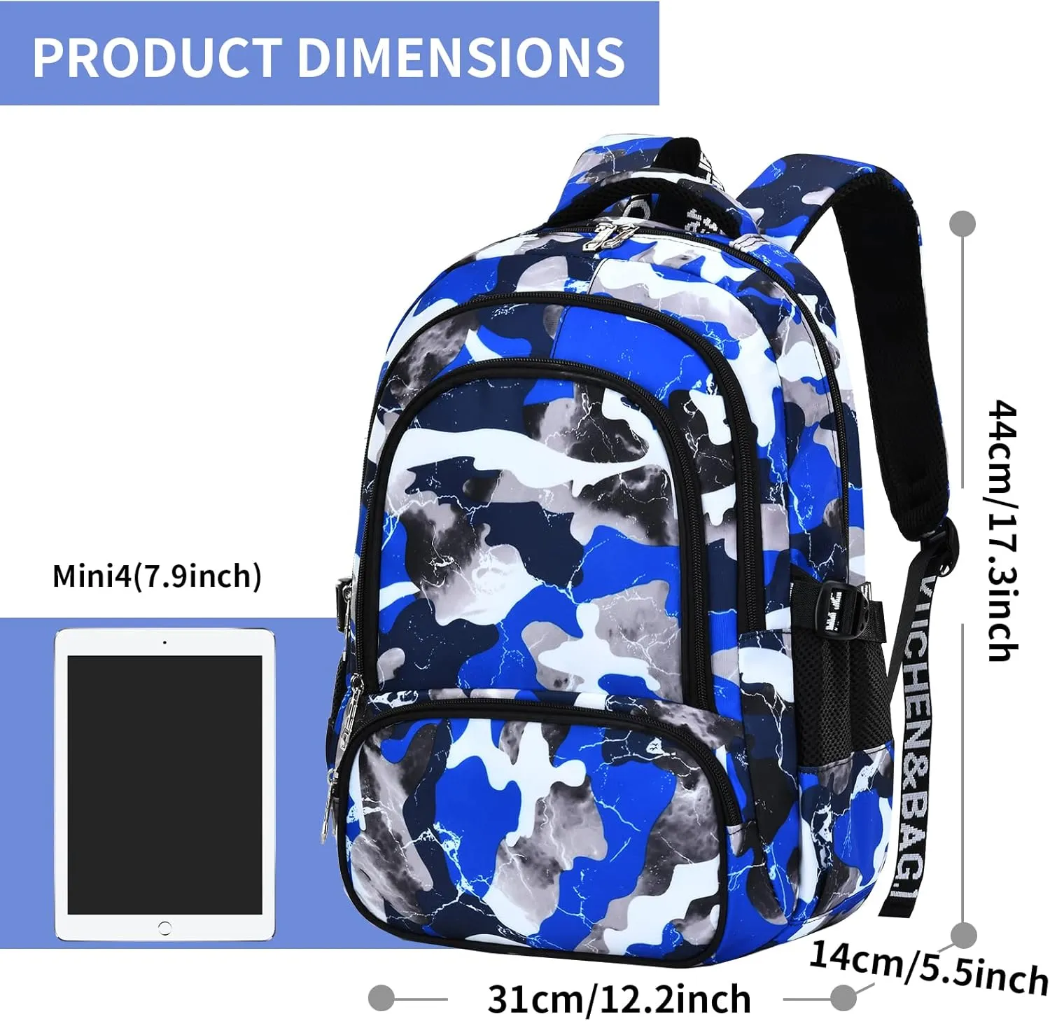 Camo Backpack for Kids, Lightweight Camo Backpack Elementary Middle School Backpack Water Repellent Bookbag (Camo Blue 2 in 1)