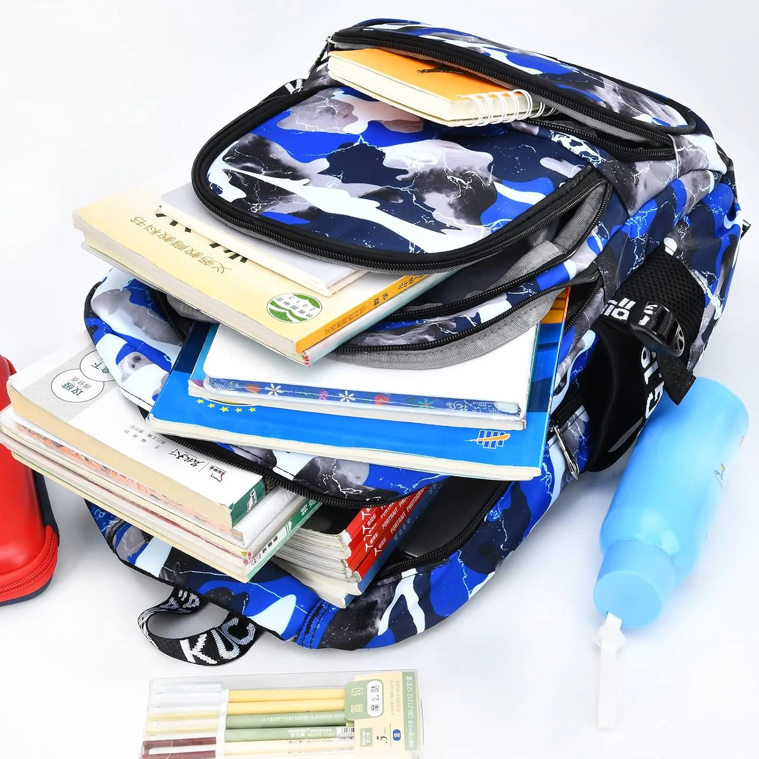 Camo Backpack for Kids, Lightweight Camo Backpack Elementary Middle School Backpack Water Repellent Bookbag (Camo Blue 2 in 1)