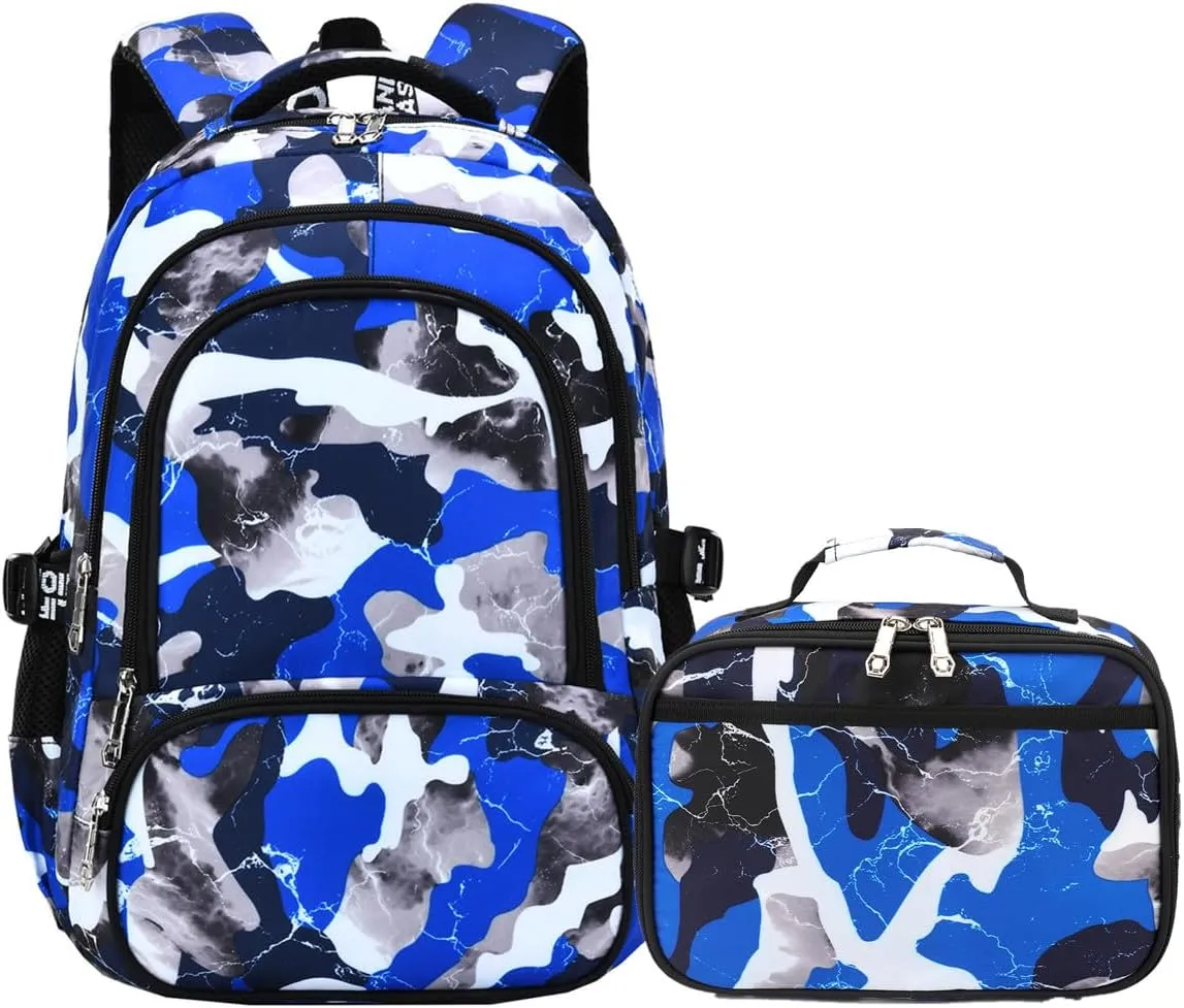 Camo Backpack for Kids, Lightweight Camo Backpack Elementary Middle School Backpack Water Repellent Bookbag (Camo Blue 2 in 1)