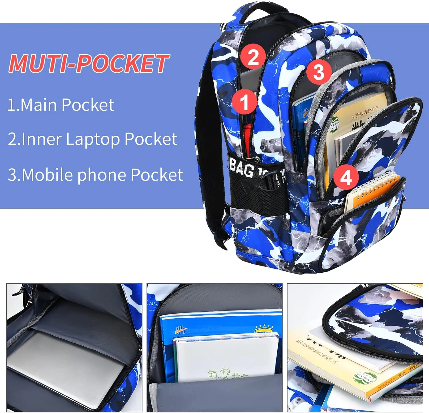 Camo Backpack for Kids, Lightweight Camo Backpack Elementary Middle School Backpack Water Repellent Bookbag (Camo Blue 2 in 1)
