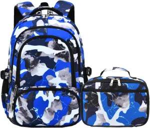 Camo Backpack for Kids, Lightweight Camo Backpack Elementary Middle School Backpack Water Repellent Bookbag (Camo Blue 2 in 1)