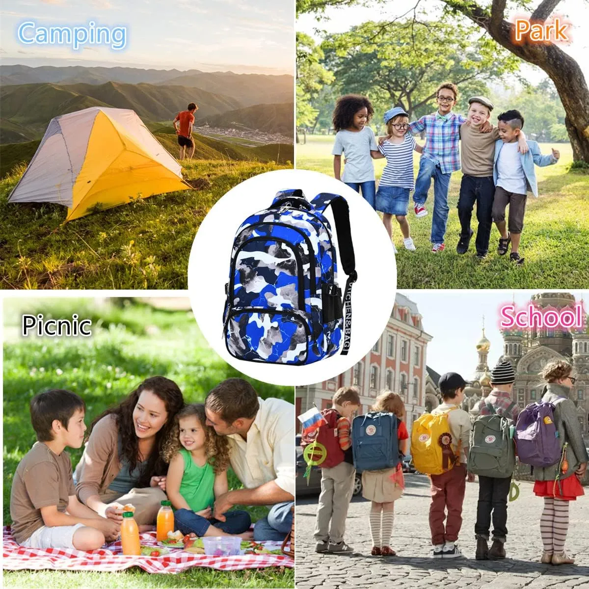 Camo Backpack for Kids, Lightweight Camo Backpack Elementary Middle School Backpack Water Repellent Bookbag (Camo Blue 2 in 1)