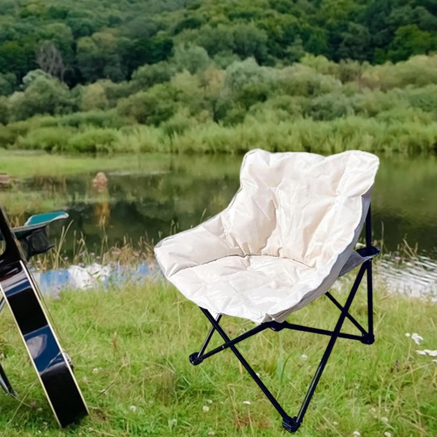 Camping Chair Moon Chair Heavy Duty Sofa Chair Portable Fishing Lounge Chair Foldable Seat for Adults Hiking Outdoor Sports, White