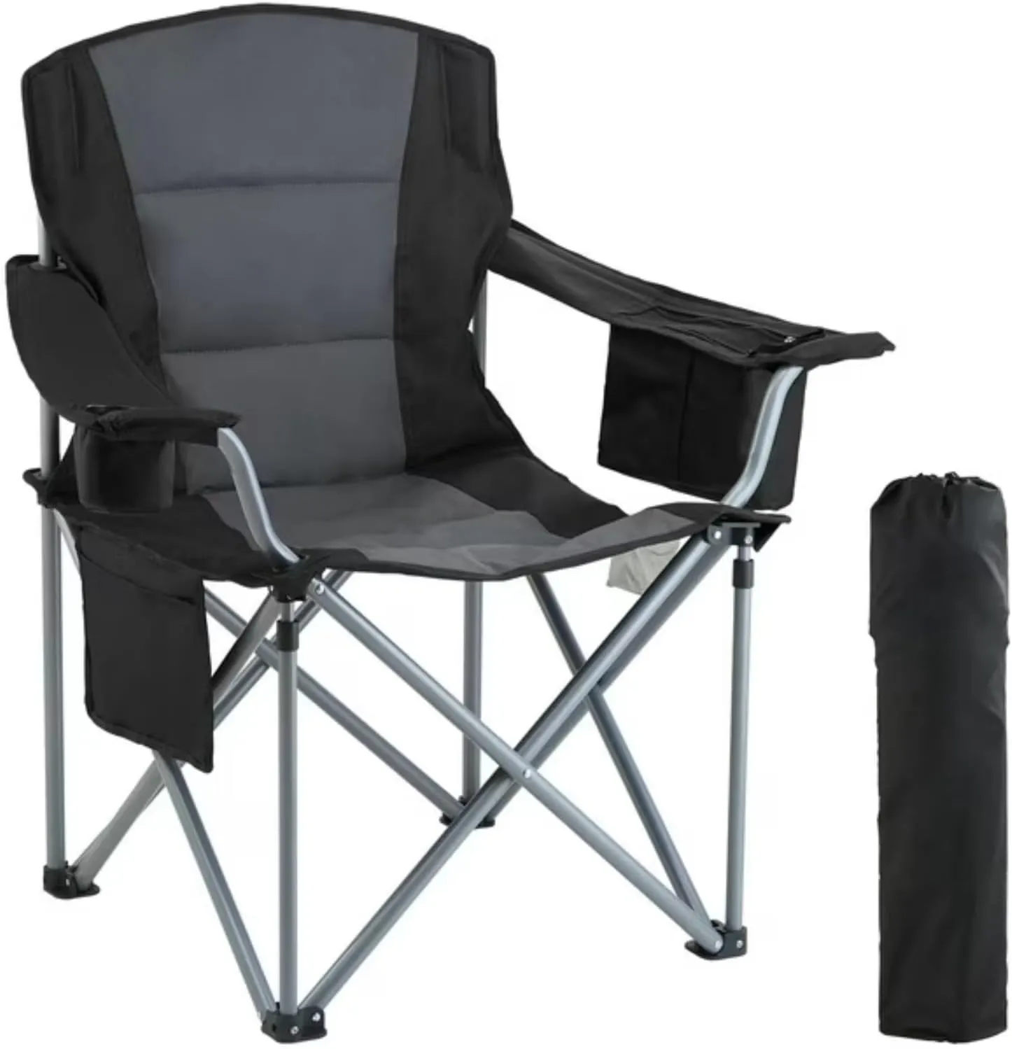 Camping Chair with Cup Holder - Portable Black/Gray Outdoor Folding Chair
