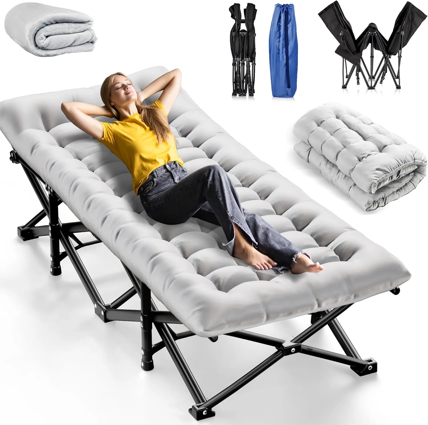 Camping Cots for Adults, Upgraded Folding Camping Cot Heavy Duty Sleeping Cots Bed 1200D Double Layer Oxford Camping Cot Mattress with Flannel Blanket for Home Office Nap Beach Travel, 550LBS