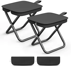 Camping Stools Set of 2, 10.6 Inch Small Portable Folding Chair with Carry Bag, Collapsible Camp Stools for Adults, Outdoor Footstool for Picnic Hiking Fishing, Hold Up to 220 LBS, Easy Setup, Black