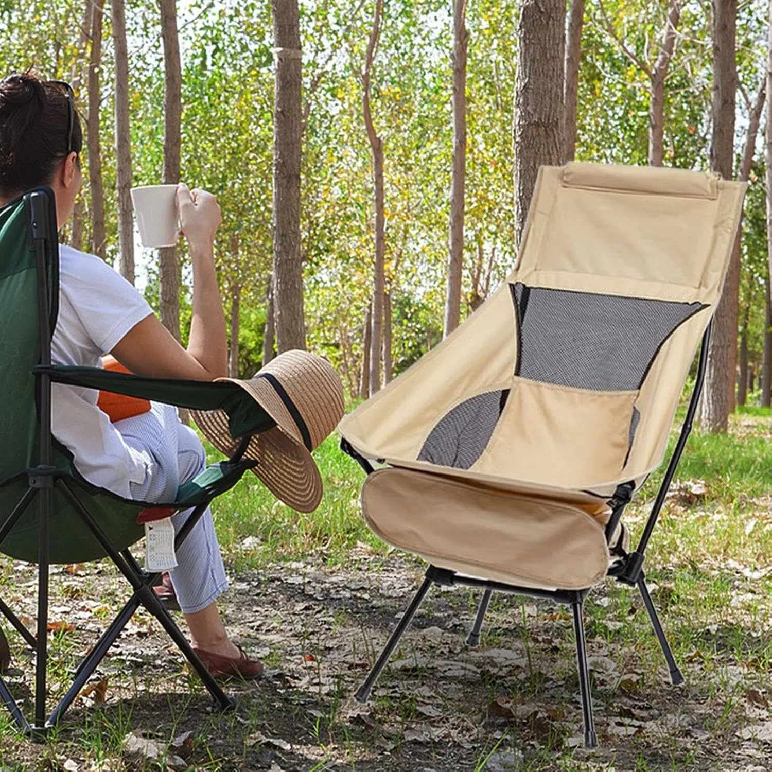 Camping Swing Chair, Compact High Back Furniture, Portable Chair, Telescopic Seat for Travel Hiking, Beige