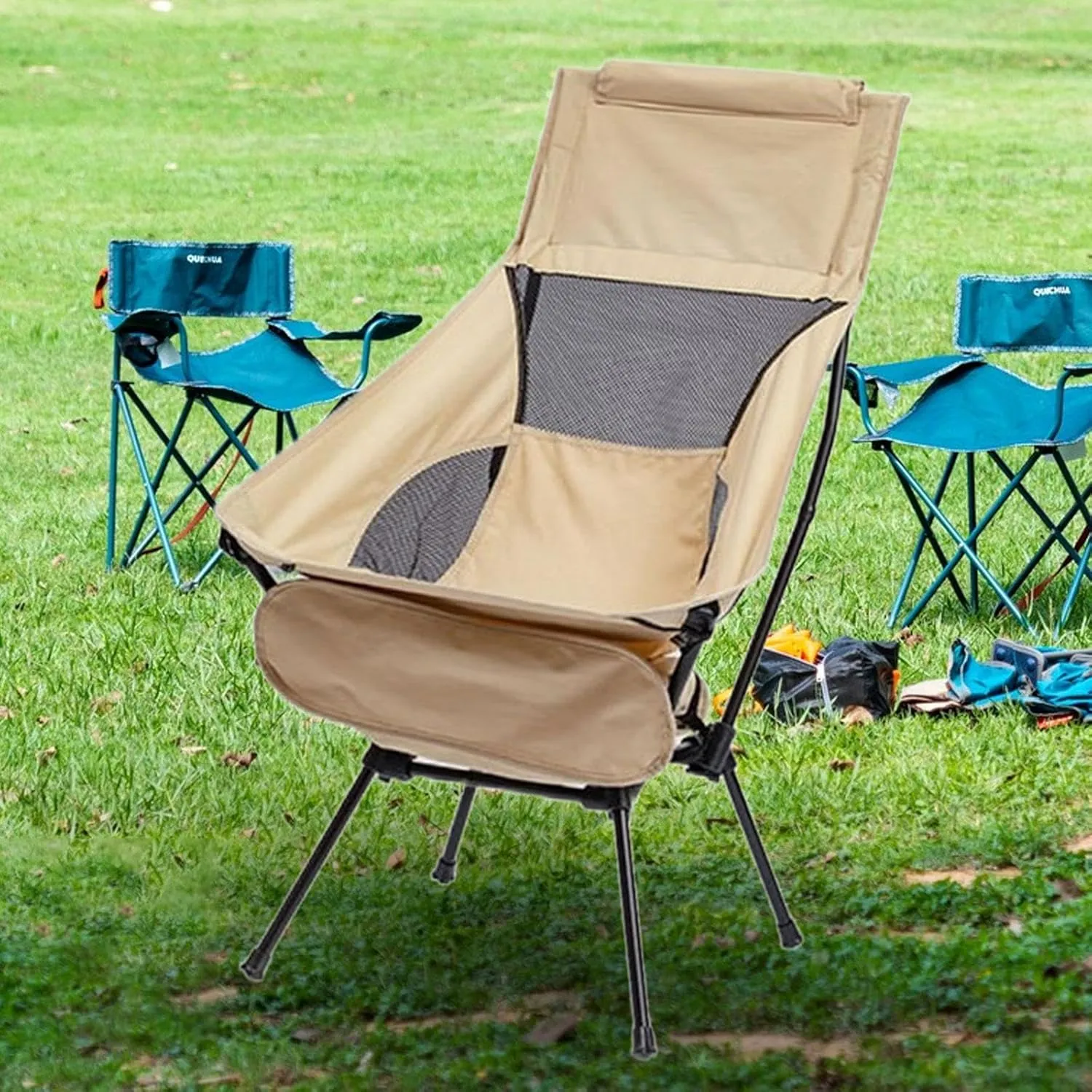 Camping Swing Chair, Compact High Back Furniture, Portable Chair, Telescopic Seat for Travel Hiking, Beige
