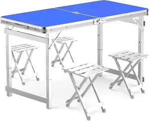 Camping Tables Height Adjustable Portable Table Lightweight Folding Table Small Compact Picnic Table with Aluminum Stool for BBQ Camp Fishing Camping Equipment