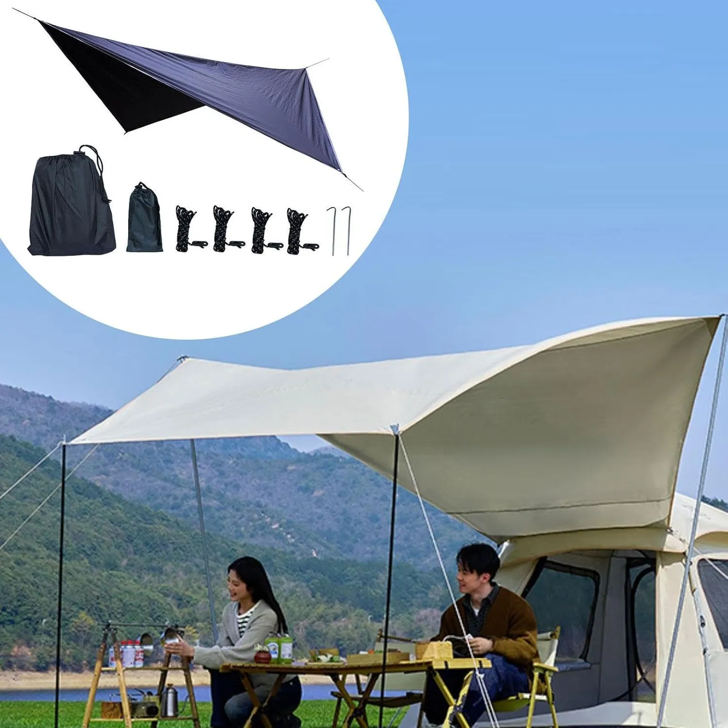 Camping Tarp Camping Canopy Multifunctional Tent Tarp Awning Hammock Canopy for Garden Beach Fishing Backpacking Backyard, Black