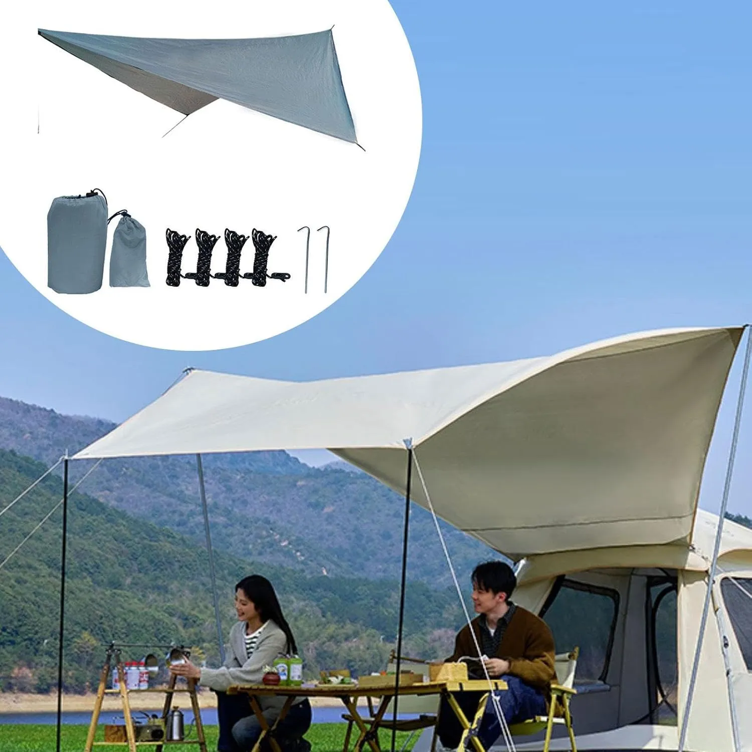 Camping Tarp Hammock Canopy Large Portable Camping Tent Tarp Canopy for Beach Outdoor Activities Garden Travel Picnic, Gray
