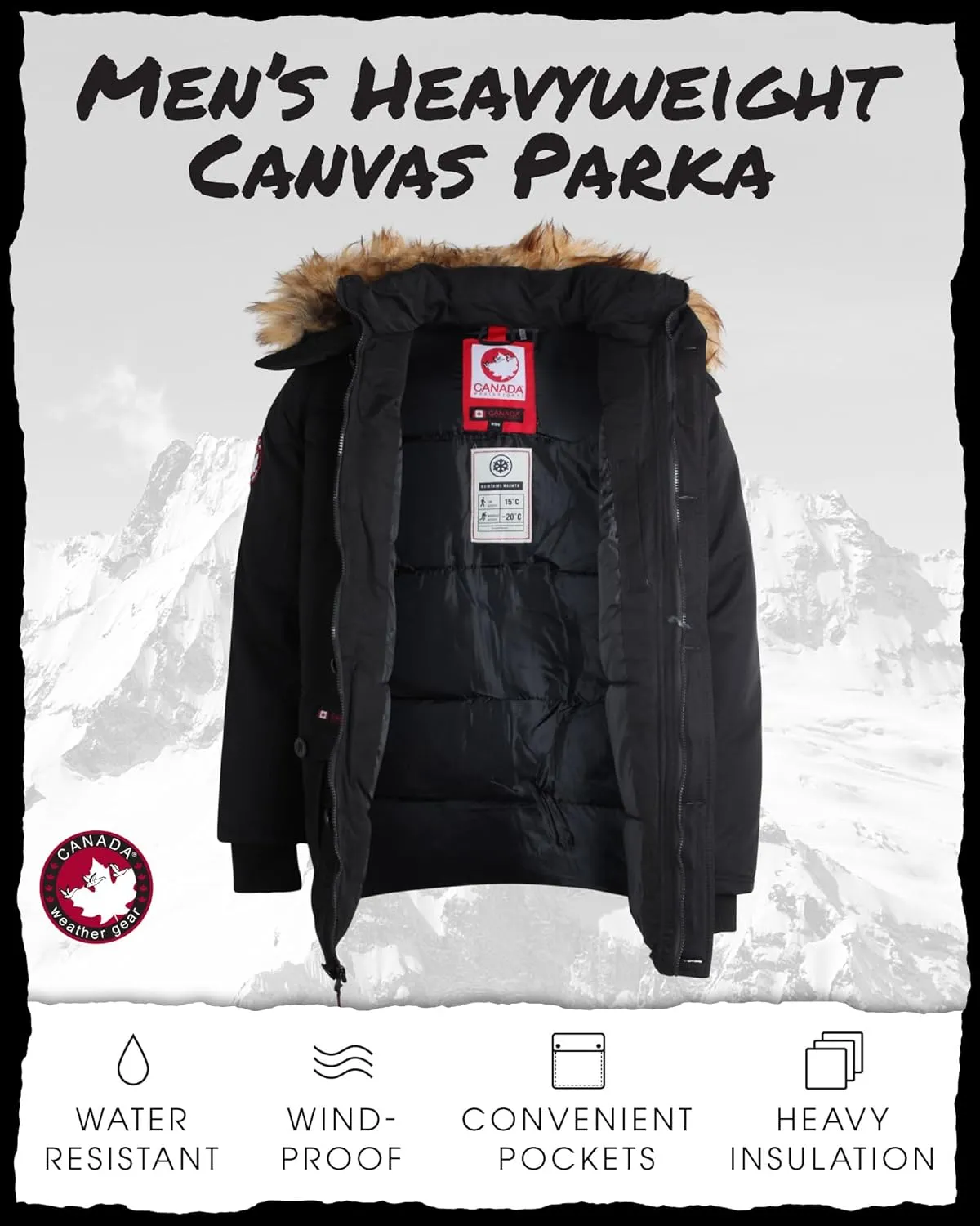 CANADA WEATHER GEAR Men's Winter Coat - Heavyweight Teflon Canvas Parka Jacket (M-XXL)
