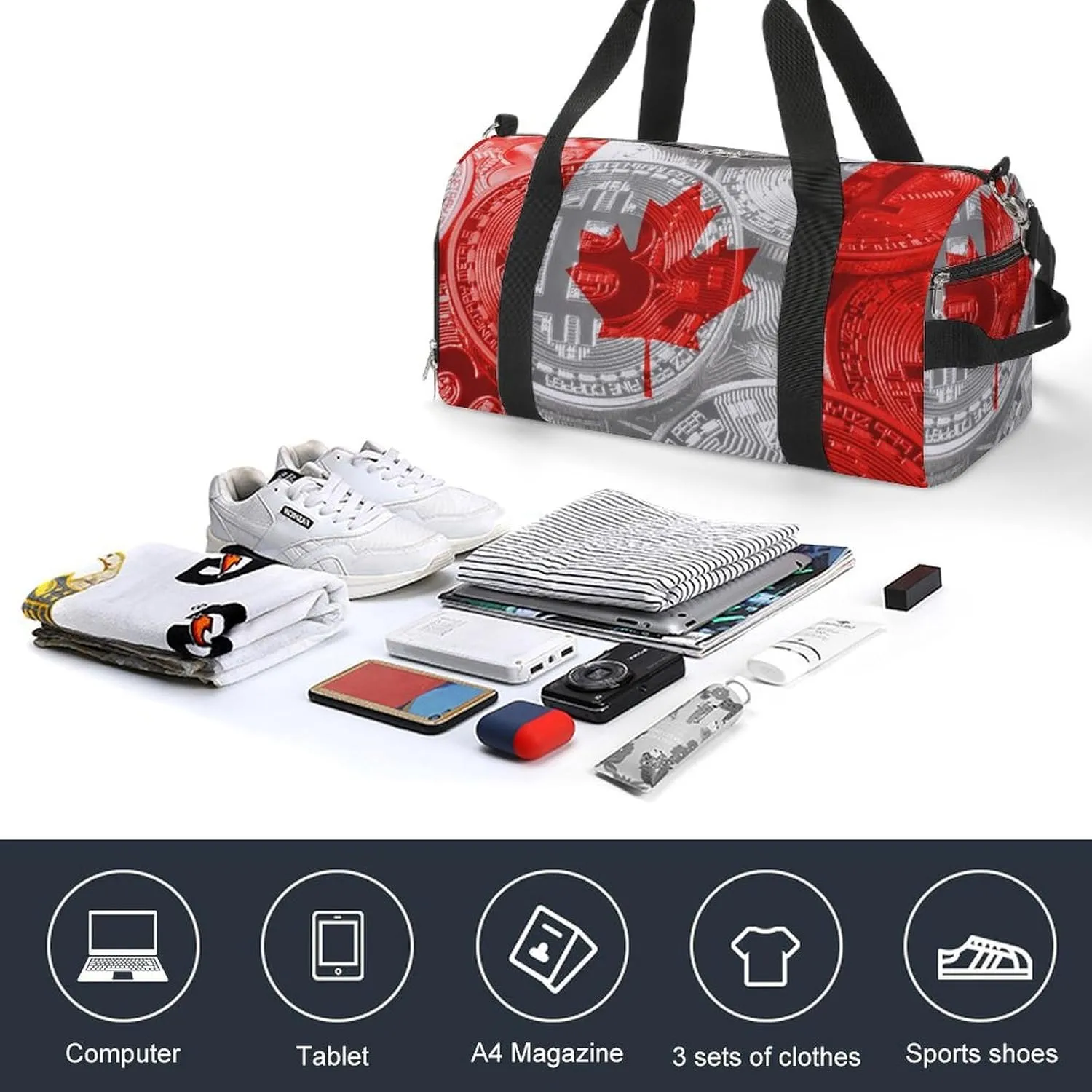 Canadian Flag Bitcoin Gym Duffel Bag Waterproof with Shoe Compartment for Sports