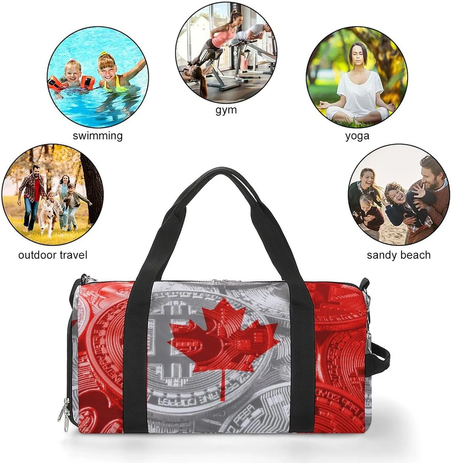 Canadian Flag Bitcoin Gym Duffel Bag Waterproof with Shoe Compartment for Sports