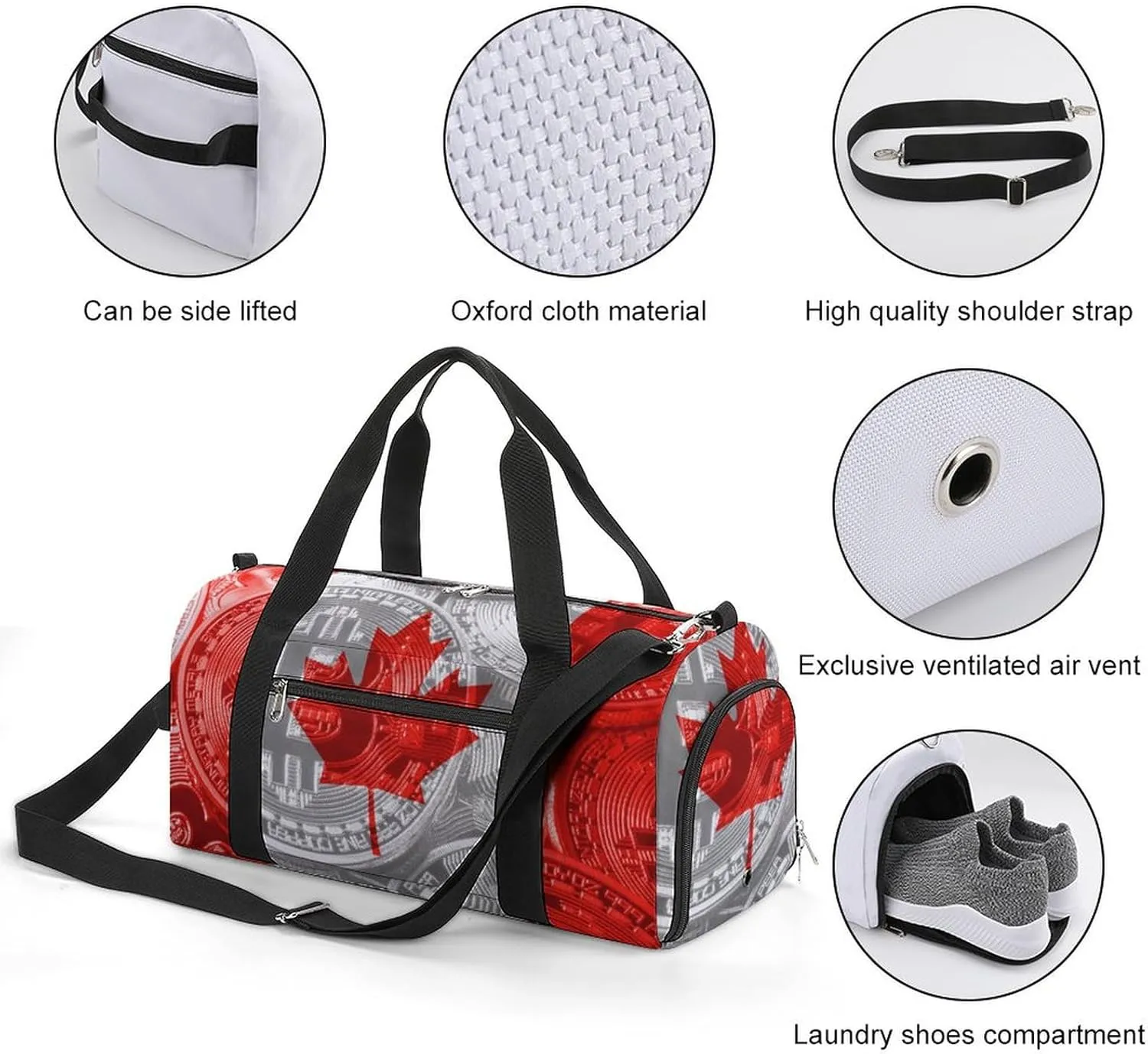 Canadian Flag Bitcoin Gym Duffel Bag Waterproof with Shoe Compartment for Sports