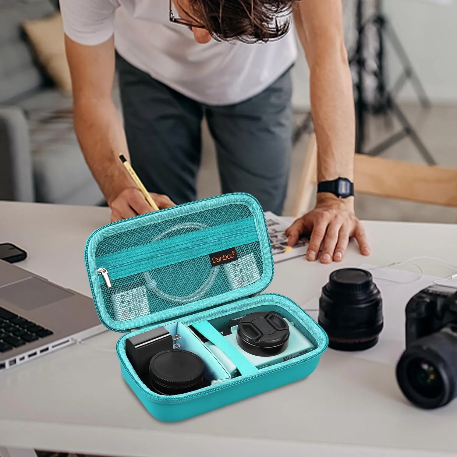 Canboc 4K Digital Camera Case for Femivo/brewene/zheozeig/VETEK 4K Vlogging Camera, Vlogging Camera Bag with Removable Shoulder Strap, Mesh Pocket fit Lens, Battery, Cable, Turquoise (Case Only)