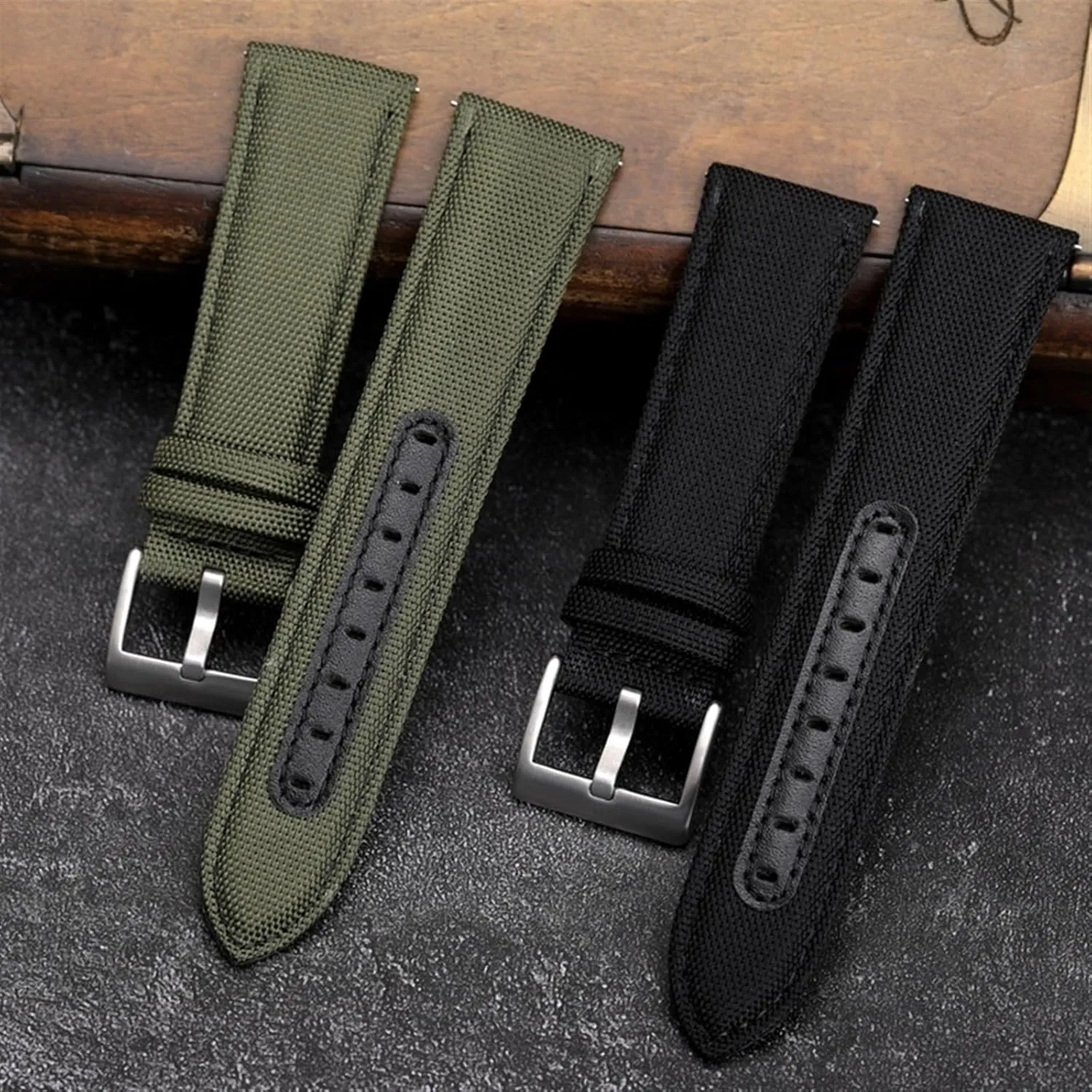 Canvas And Leather Watchband 20MM 22MM Black And Green Men's Military Watch Strap Handmade Bracelet