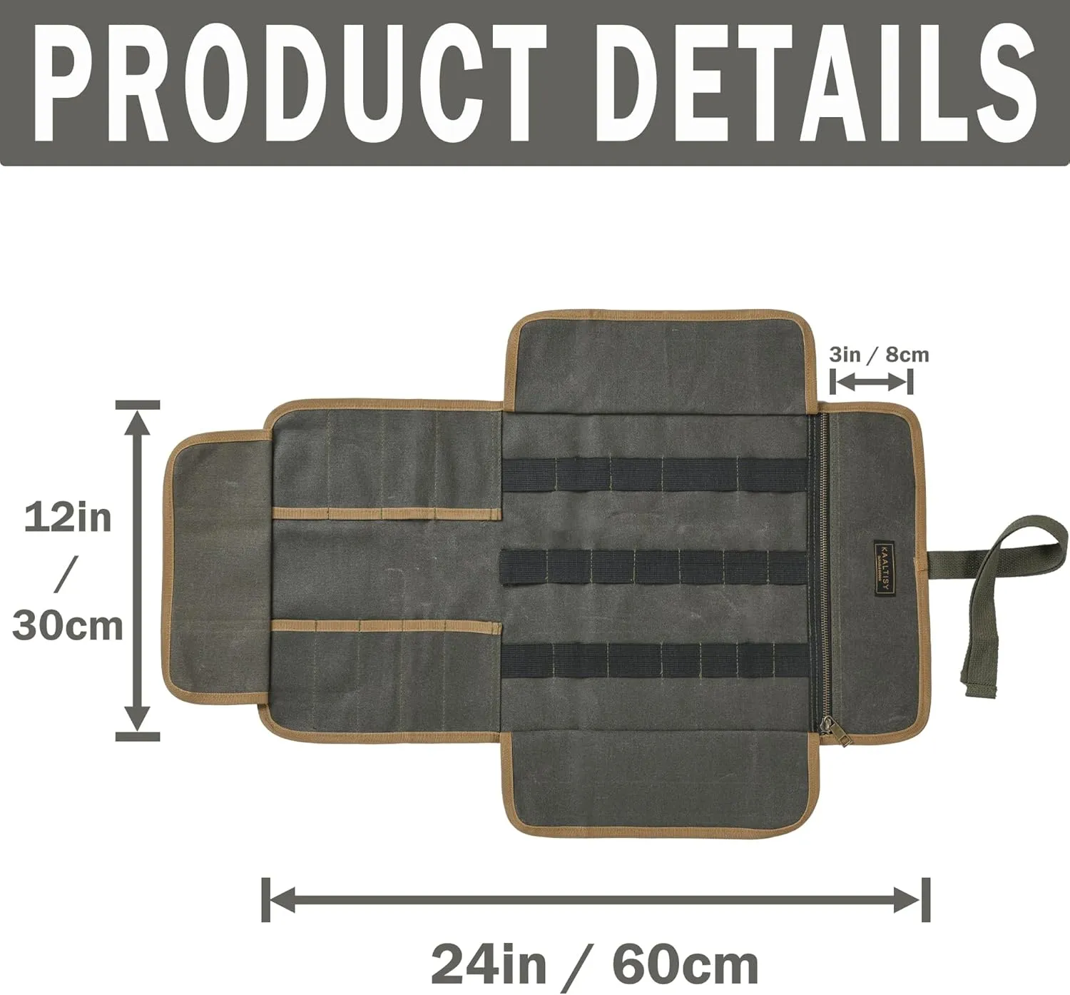Canvas Tool Roll, 16OZ Waxed Canvas Tool Carrier Roll - Multipurpose Wrench Storage Roll with 9 Slots & 1 Zippered Pocket & Elastic Band, for Electrician Contractor Repairman - Army Green
