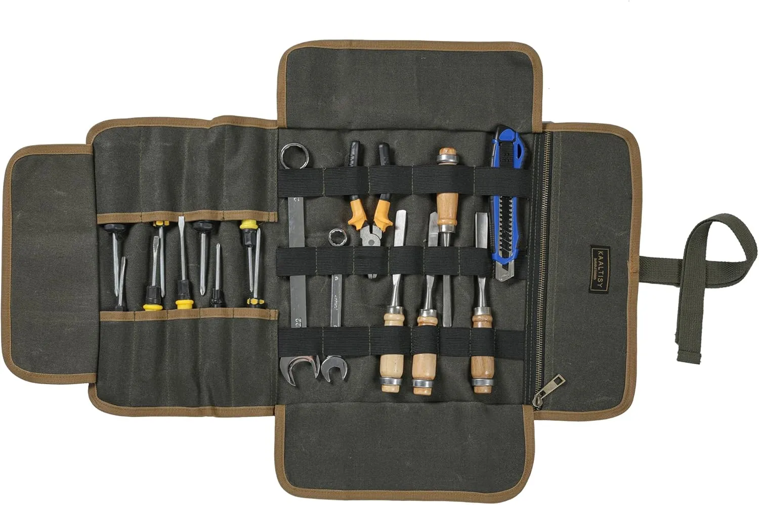 Canvas Tool Roll, 16OZ Waxed Canvas Tool Carrier Roll - Multipurpose Wrench Storage Roll with 9 Slots & 1 Zippered Pocket & Elastic Band, for Electrician Contractor Repairman - Army Green