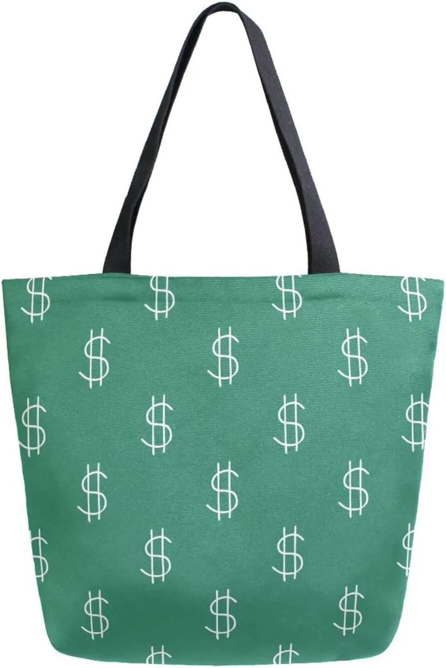 Canvas Tote Bag Dollar Emblem Women Shoulder Bag Green Reusable Grocery Bags Large Handbag Travel Shopping Bag for School Nursing Gift Outdoors