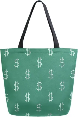 Canvas Tote Bag Dollar Emblem Women Shoulder Bag Green Reusable Grocery Bags Large Handbag Travel Shopping Bag for School Nursing Gift Outdoors