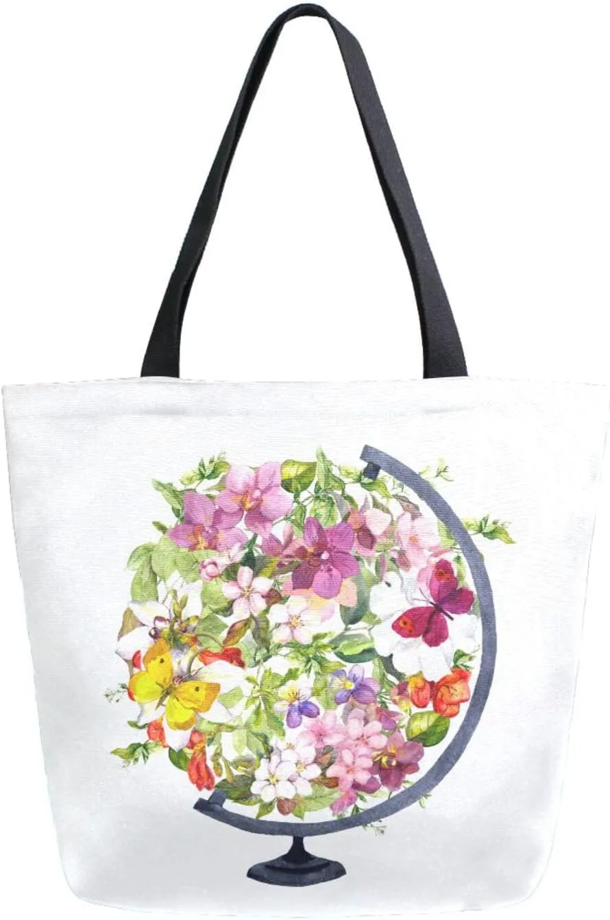 Canvas Tote Bag Earth Globe Flowers Women Shoulder Bag Spring Summer Reusable Grocery Bags Large Handbag Travel Shopping Bag for School Nursing Gift Outdoors