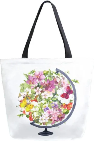 Canvas Tote Bag Earth Globe Flowers Women Shoulder Bag Spring Summer Reusable Grocery Bags Large Handbag Travel Shopping Bag for School Nursing Gift Outdoors