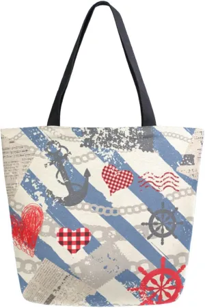 Canvas Tote Bag Nautical Retro Women Shoulder Bag Summer Sea Blue Stripes Reusable Grocery Bags Large Handbag Travel Shopping Bag for School Nursing Gift Outdoors