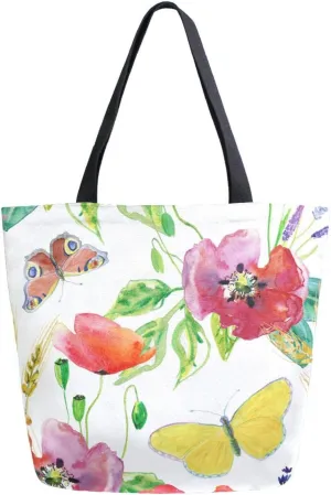 Canvas Tote Bag Poppies Butterflies Summer Women Shoulder Bag Vintage Watercolor Wheat Flowers Reusable Grocery Bags Large Handbag Travel Shopping Bag for School Nursing Gift Outdoors