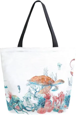 Canvas Tote Bag Watercolor Nautical Turtle Women Shoulder Bag Summer Octopus Fishes Reusable Grocery Bags Large Handbag Travel Shopping Bag for School Nursing Gift Outdoors