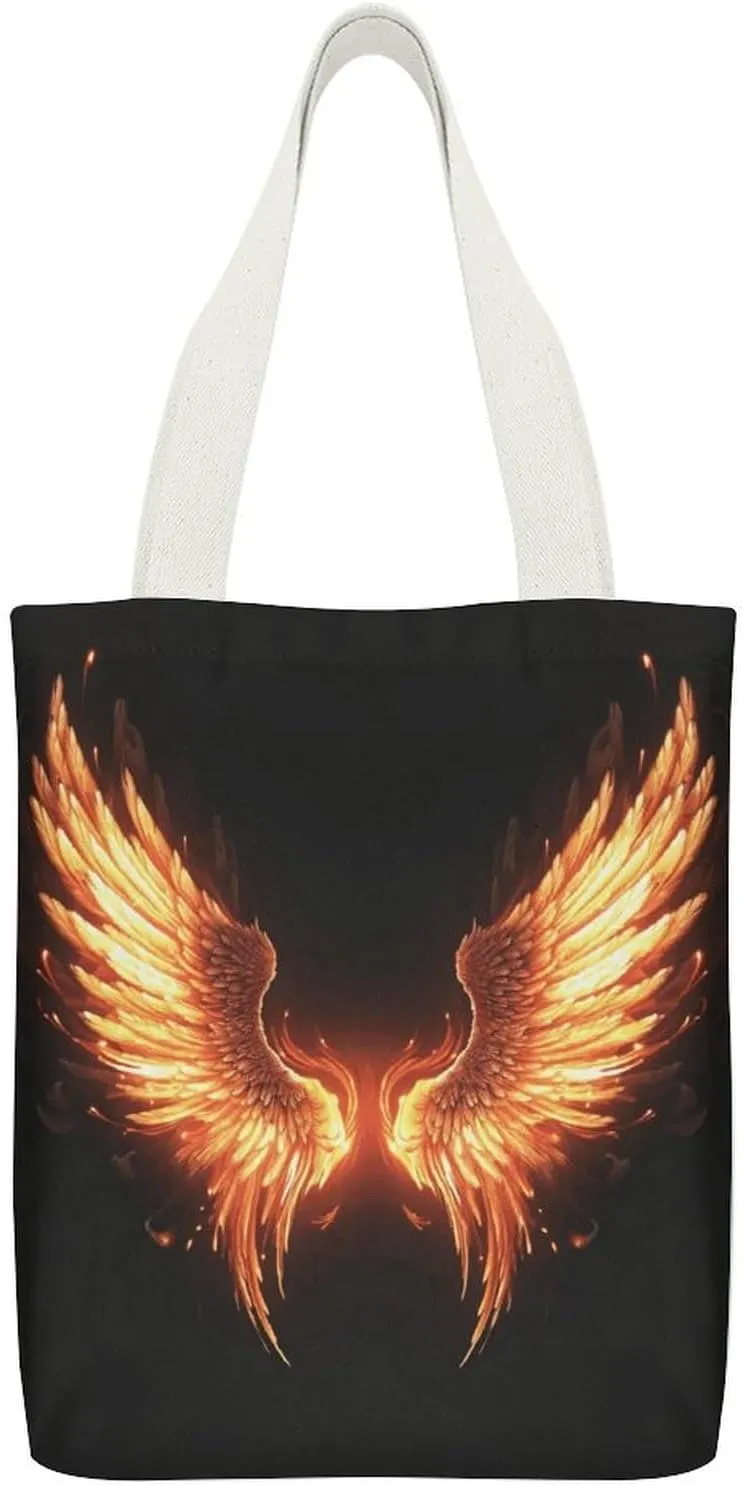 Canvas Tote Bags Fire Angle Wings Print Reusable Grocery Bag Lightweight Shopping Handbag with Internal Pocket Double-sided Pattern
