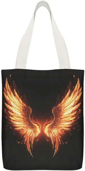 Canvas Tote Bags Fire Angle Wings Print Reusable Grocery Bag Lightweight Shopping Handbag with Internal Pocket Double-sided Pattern