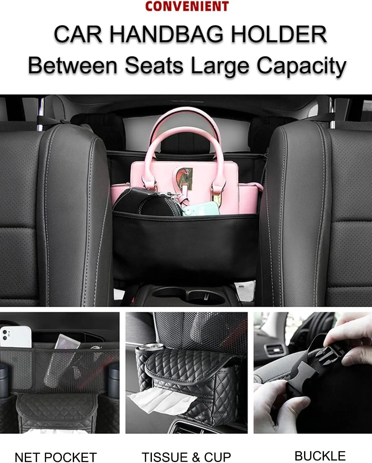 Car Handbag Holder Between Seats with Multi-Pocket Large Capacity Storage Bag, Pet Kids Barrier, Driver Storage Pouch for Handbag Cup