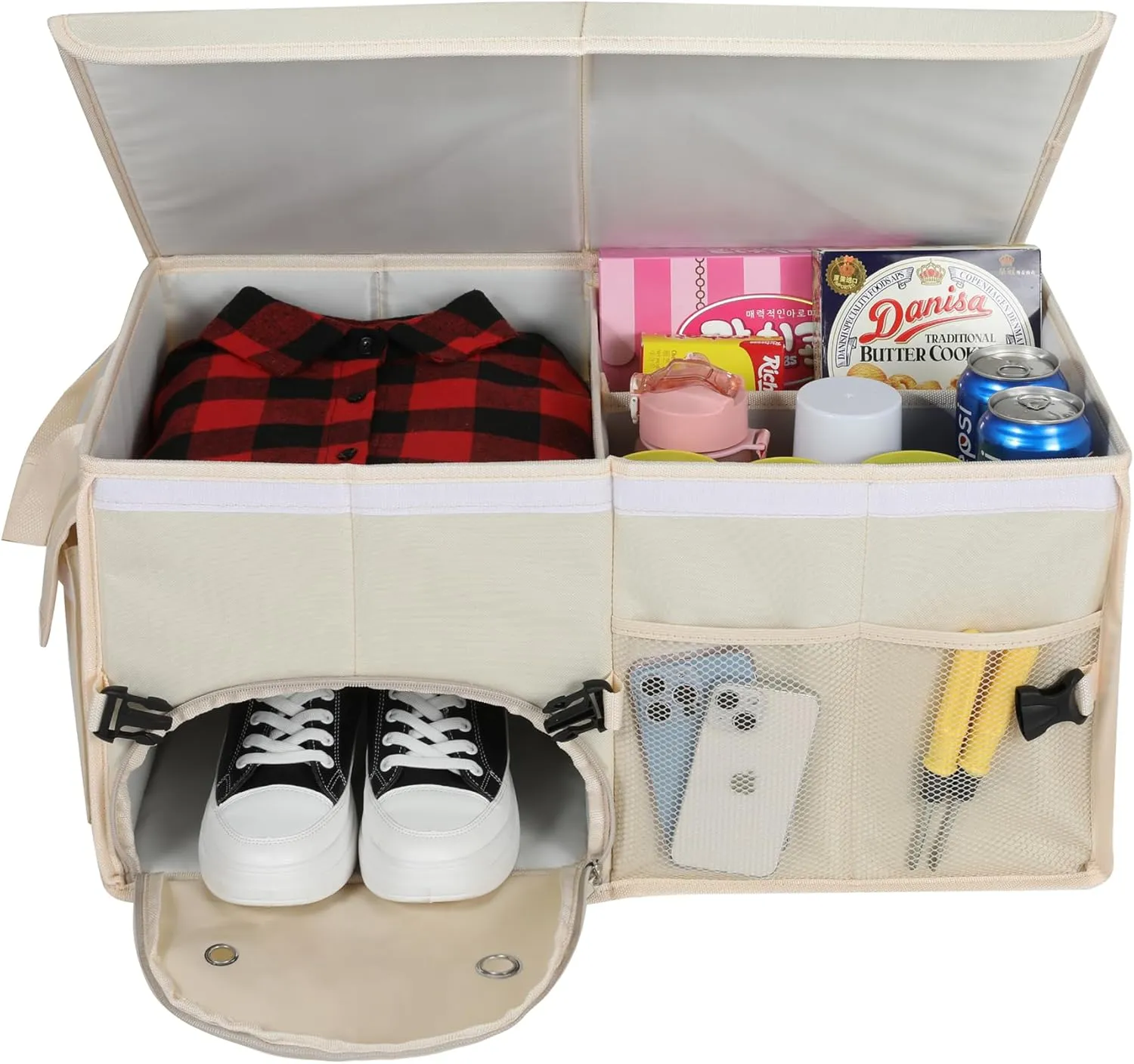 Car Trunk Organizer with Lid Car Storage Organizer Collapsible Multi Compartment Car Organizerwith shoe bag for SUV(Beige)