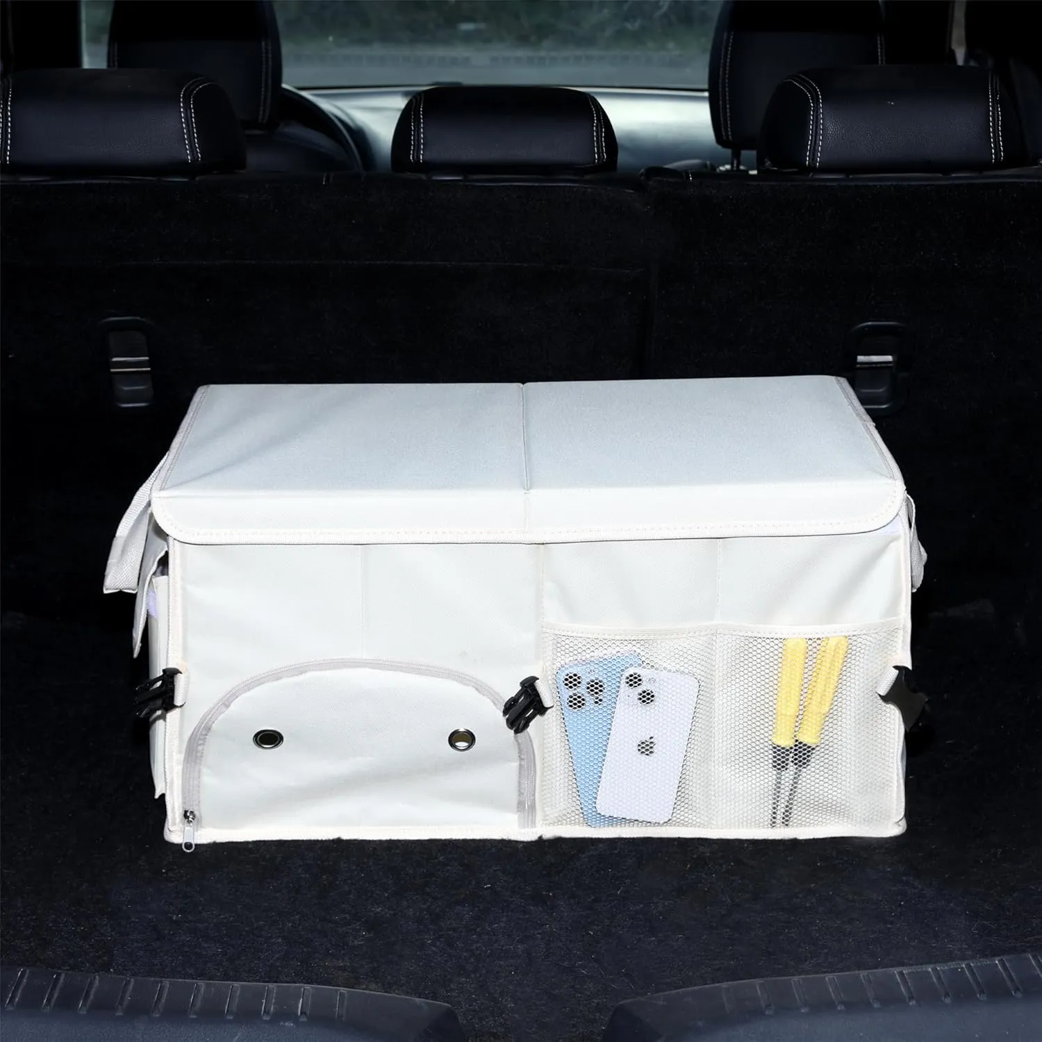Car Trunk Organizer with Lid Car Storage Organizer Collapsible Multi Compartment Car Organizerwith shoe bag for SUV(Beige)