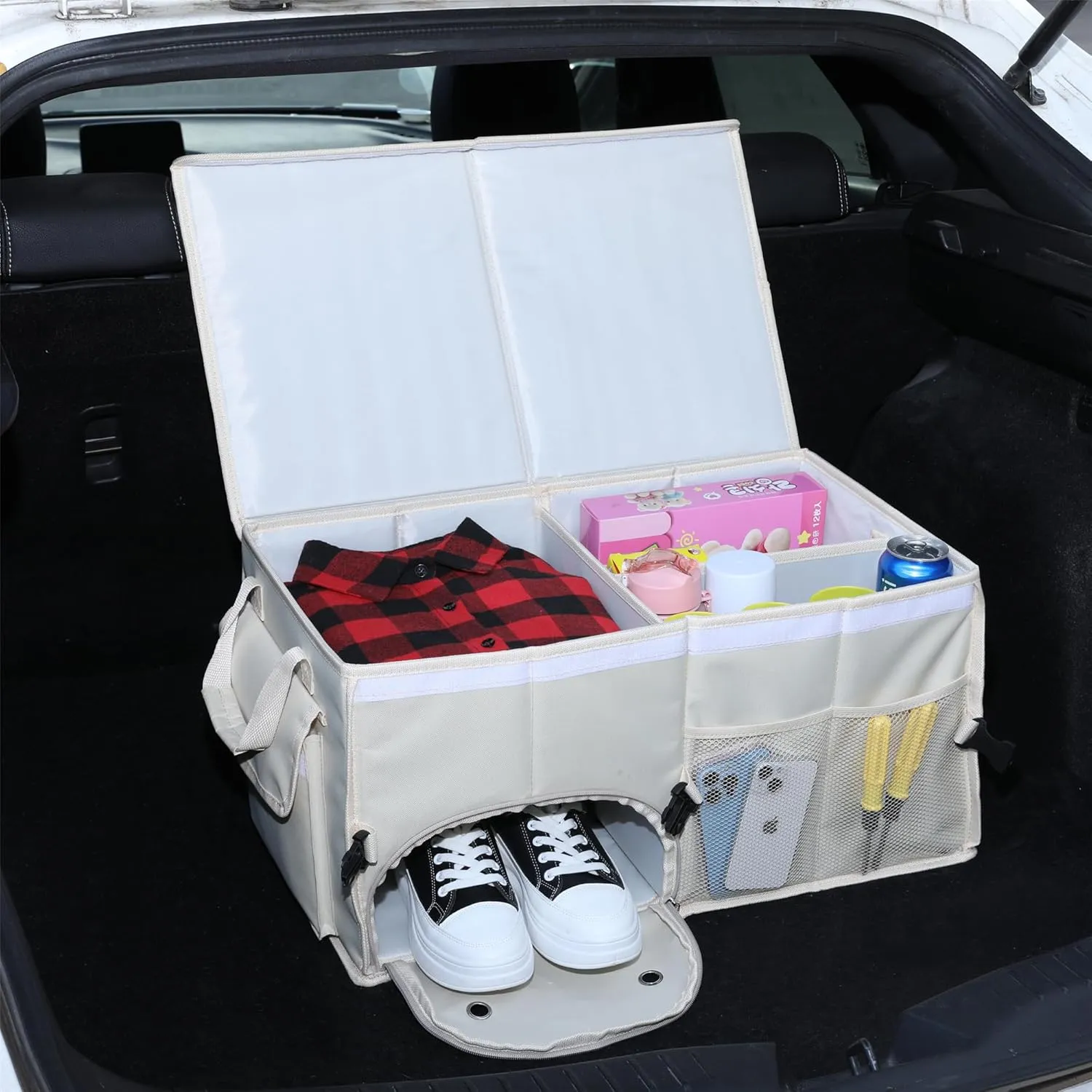 Car Trunk Organizer with Lid Car Storage Organizer Collapsible Multi Compartment Car Organizerwith shoe bag for SUV(Beige)