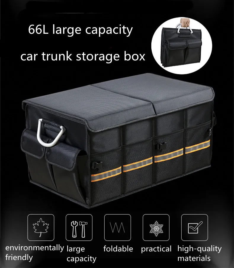Car Trunk Storage Organizer Box, Large Capacity Multiuse Tools Storage Bag with Handle & Reflection Light