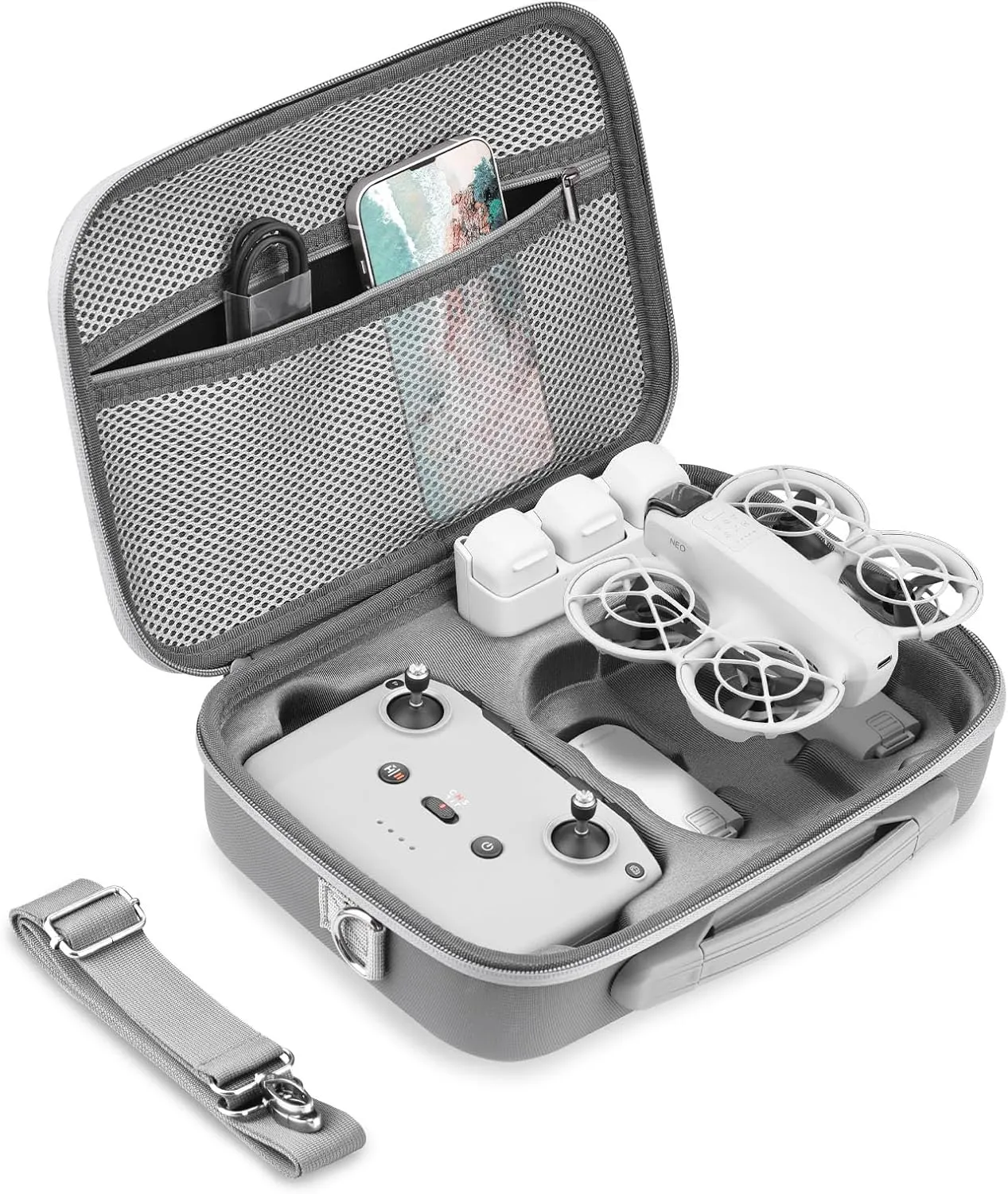 Carrying Case for DJI Neo, PU Portable Protective Storage Bag with Shoulder for DJI Neo Fly More Combo Accessories, for RC-N3 Remote Controller Drone Battery Charging Hub(Grey)