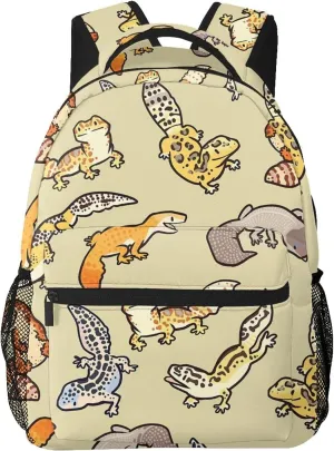 Cartoon Cute Leopard Gecko Pattern Casual School Backpack Bag, Laptop Hiking Travel Shoulder Daypack College Bookbag for Men Woman Girls Boys Teens, Black, One Size