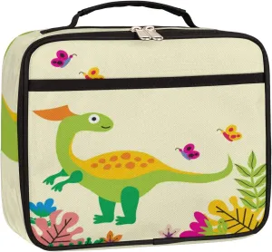 Cartoon Dinosaur Pattern Portable Handle Lunch Bag Beast Reusable Lunchbox Tote Bag with Front Pocket for Women Men School Work Hiking Picnic