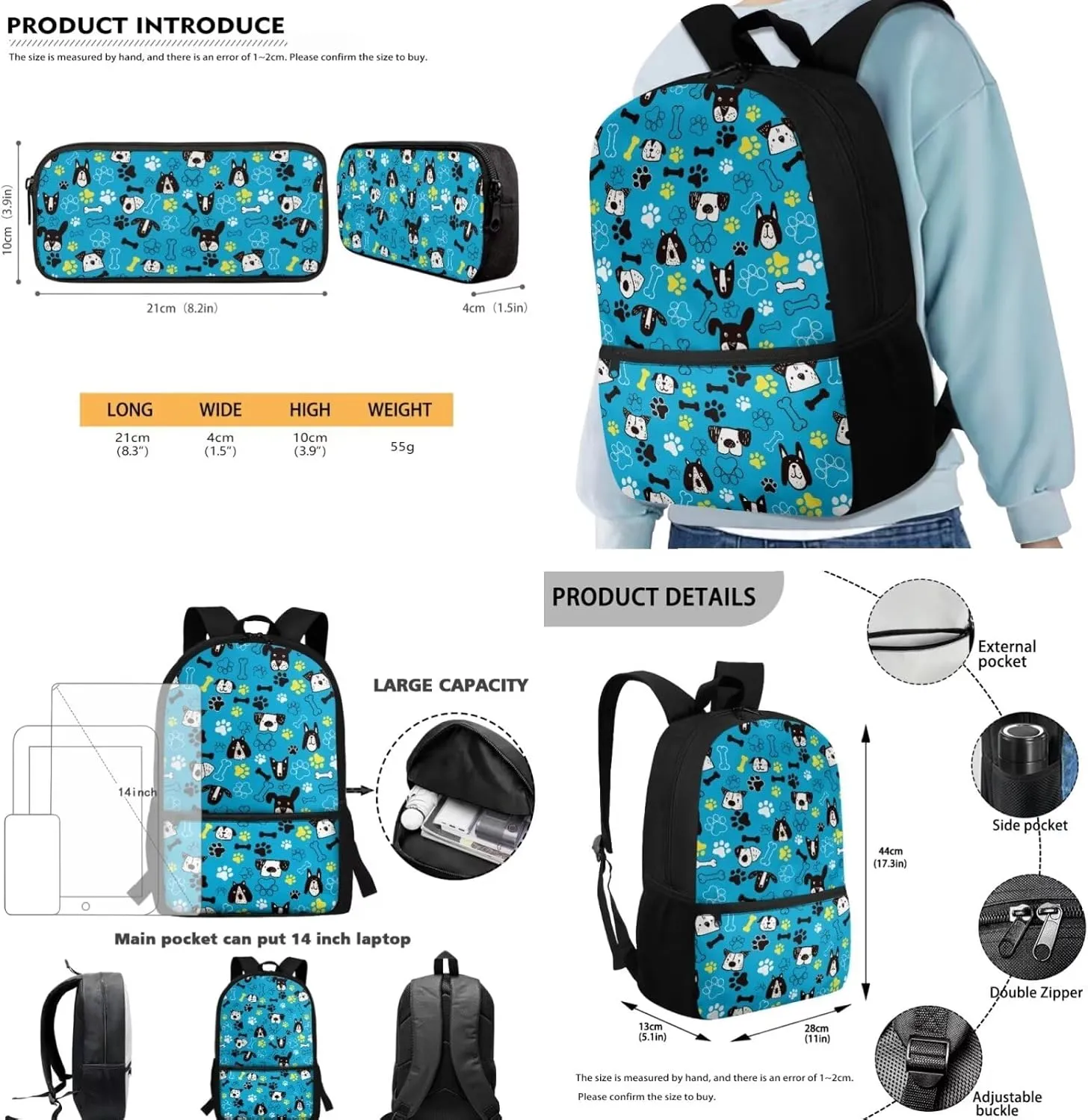 Cartoon Dog School Bag for Girls Boys 12-14, 17 Inch Kids Backpack with Lunch Box Pencil Case, 3 PCS Elementary Backpack Set for School Travel, Blue