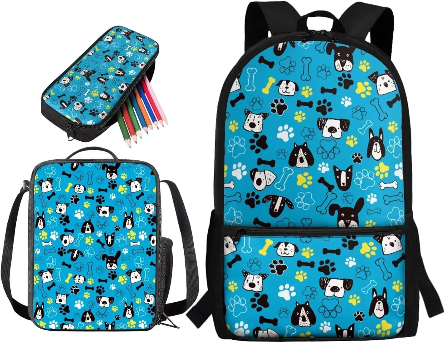 Cartoon Dog School Bag for Girls Boys 12-14, 17 Inch Kids Backpack with Lunch Box Pencil Case, 3 PCS Elementary Backpack Set for School Travel, Blue