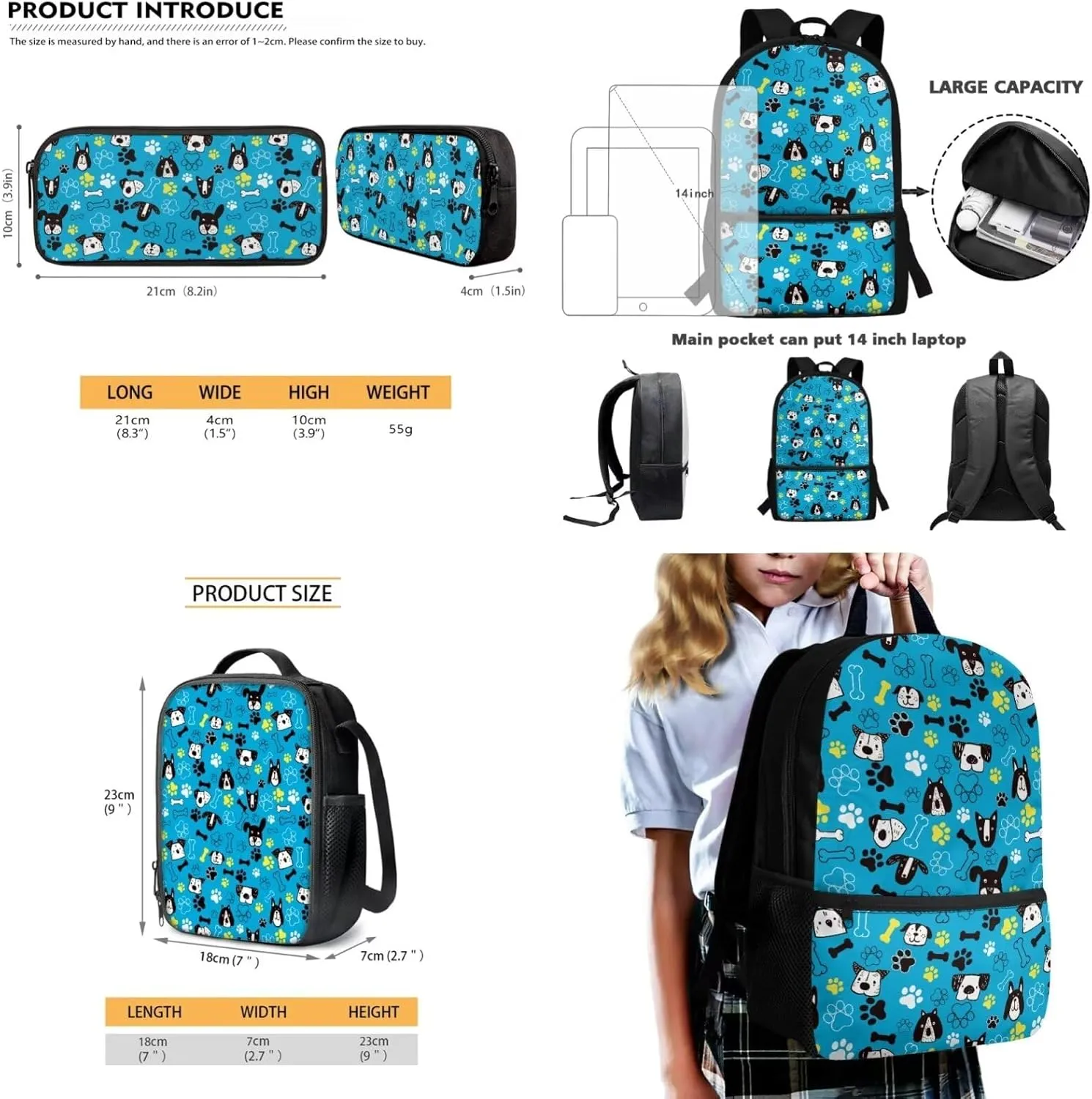 Cartoon Dog School Bag for Girls Boys 12-14, 17 Inch Kids Backpack with Lunch Box Pencil Case, 3 PCS Elementary Backpack Set for School Travel, Blue