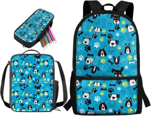 Cartoon Dog School Bag for Girls Boys 12-14, 17 Inch Kids Backpack with Lunch Box Pencil Case, 3 PCS Elementary Backpack Set for School Travel, Blue