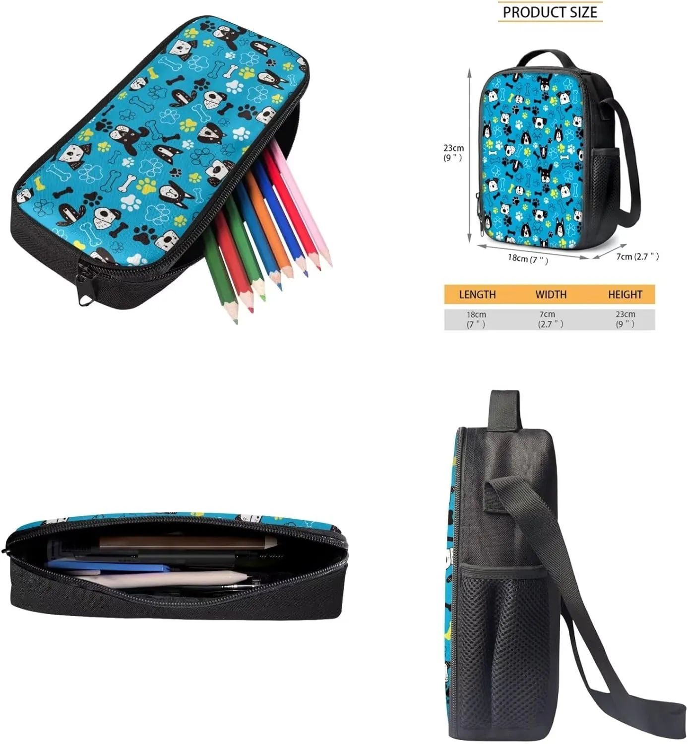 Cartoon Dog School Bag for Girls Boys 12-14, 17 Inch Kids Backpack with Lunch Box Pencil Case, 3 PCS Elementary Backpack Set for School Travel, Blue