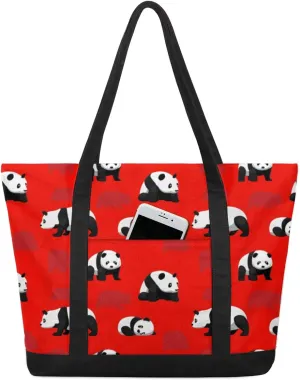 Cartoon Panda Pattern Tote Bag Tote Bag for Women Reusable Grocery Shopping Cloth Bags with Zipper Large Capacity Foldable Handbag Gym Bag for Gift Activity